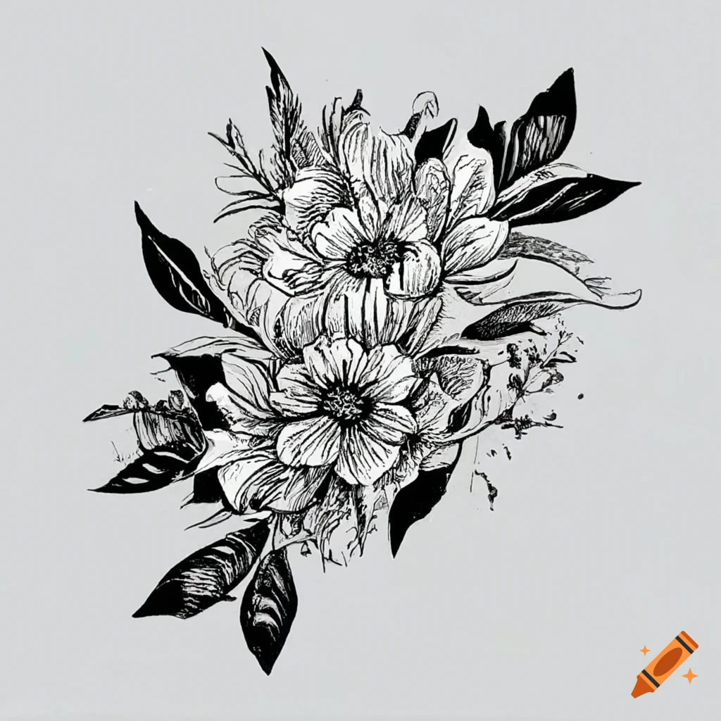 Black and white floral ink drawing