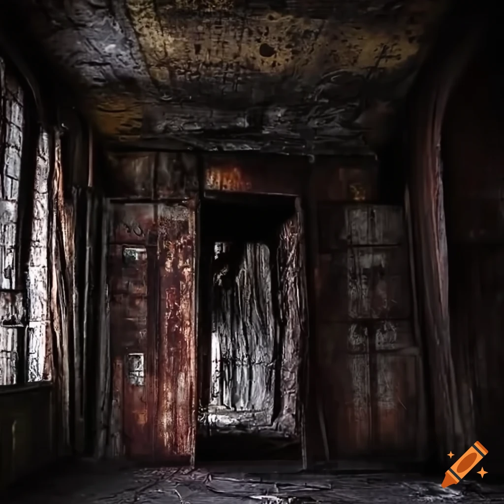 cyberpunk horror scene in a rusty warehouse