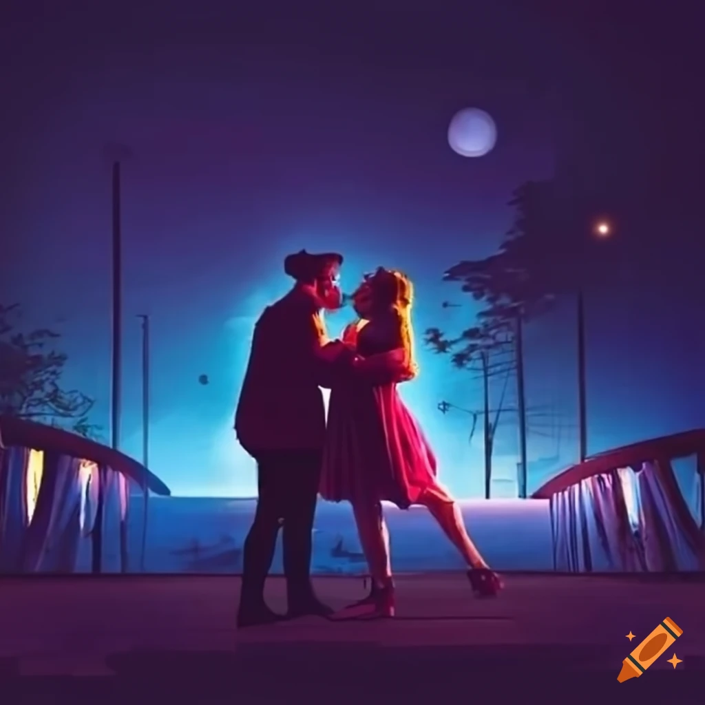 couple performing a musical play on a bridge at night