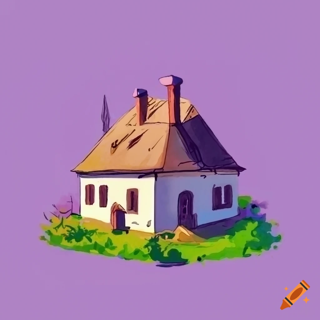 sketch of a rural house surrounded by lilac trees