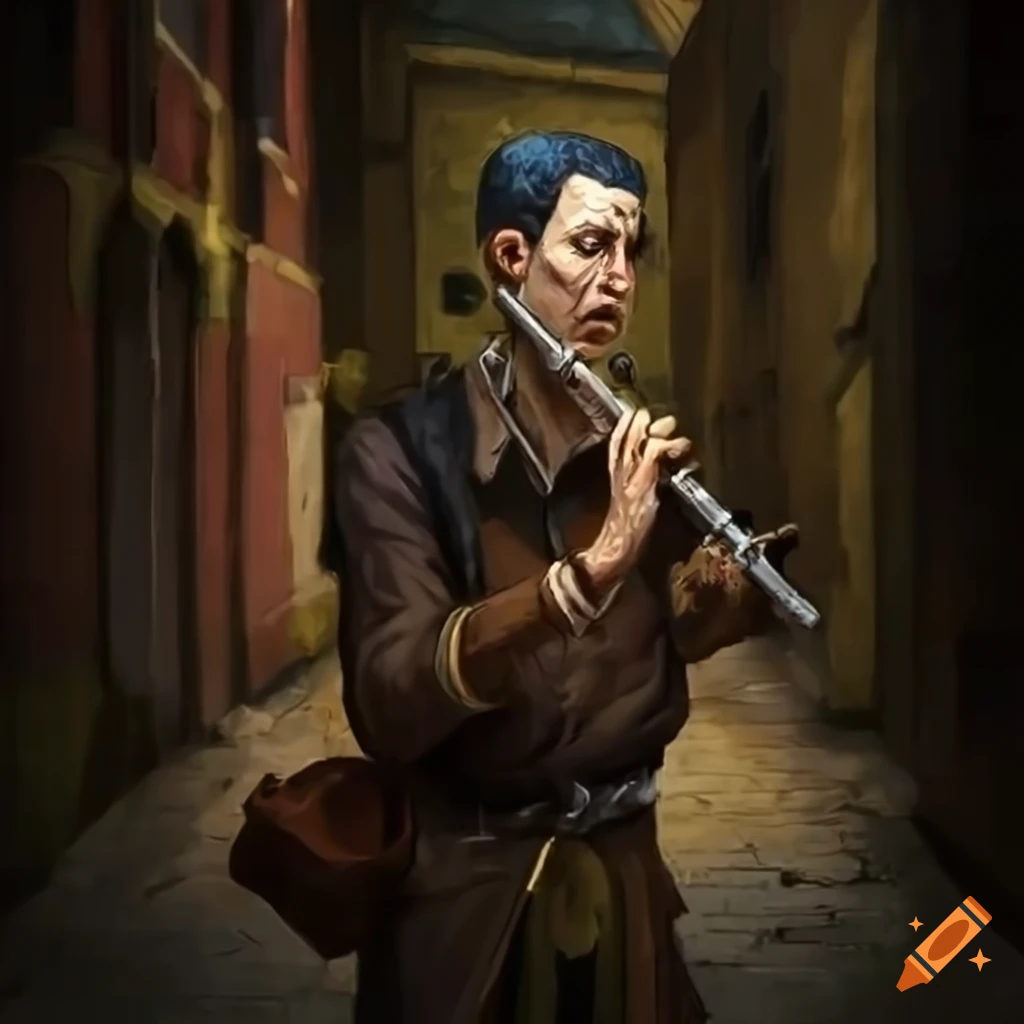 image of a bard playing a flute in an alleyway