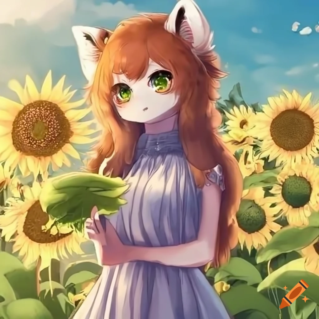 anthro red panda girl in a cute dress with sunflowers