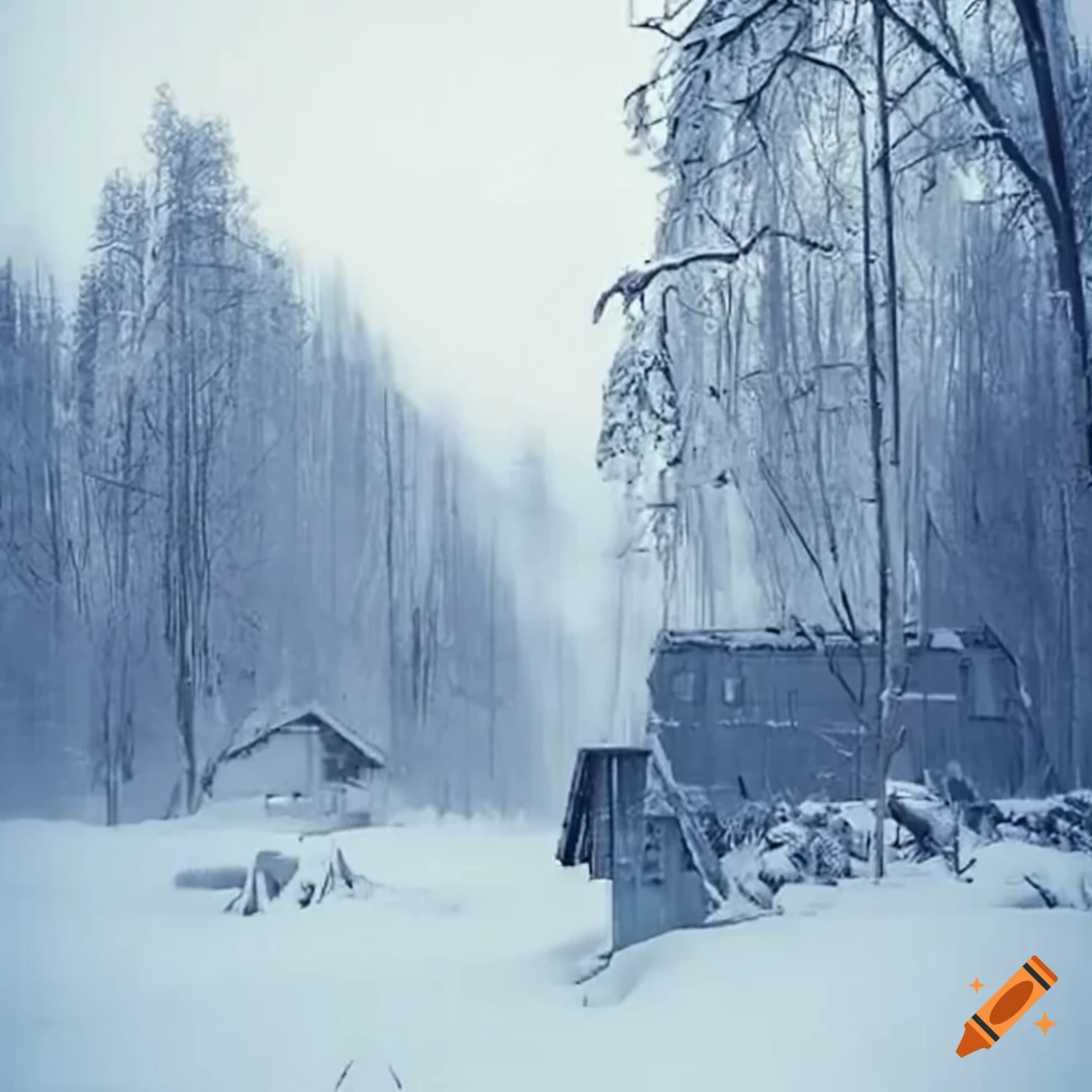image of an abandoned village in Siberia during a blizzard