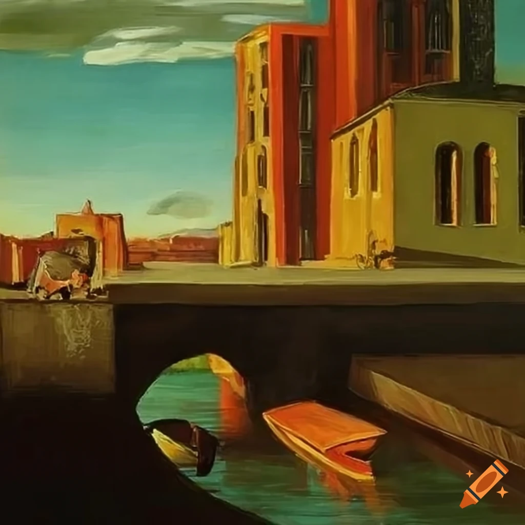 Painting of punting under a bridge by giorgio de chirico on Craiyon
