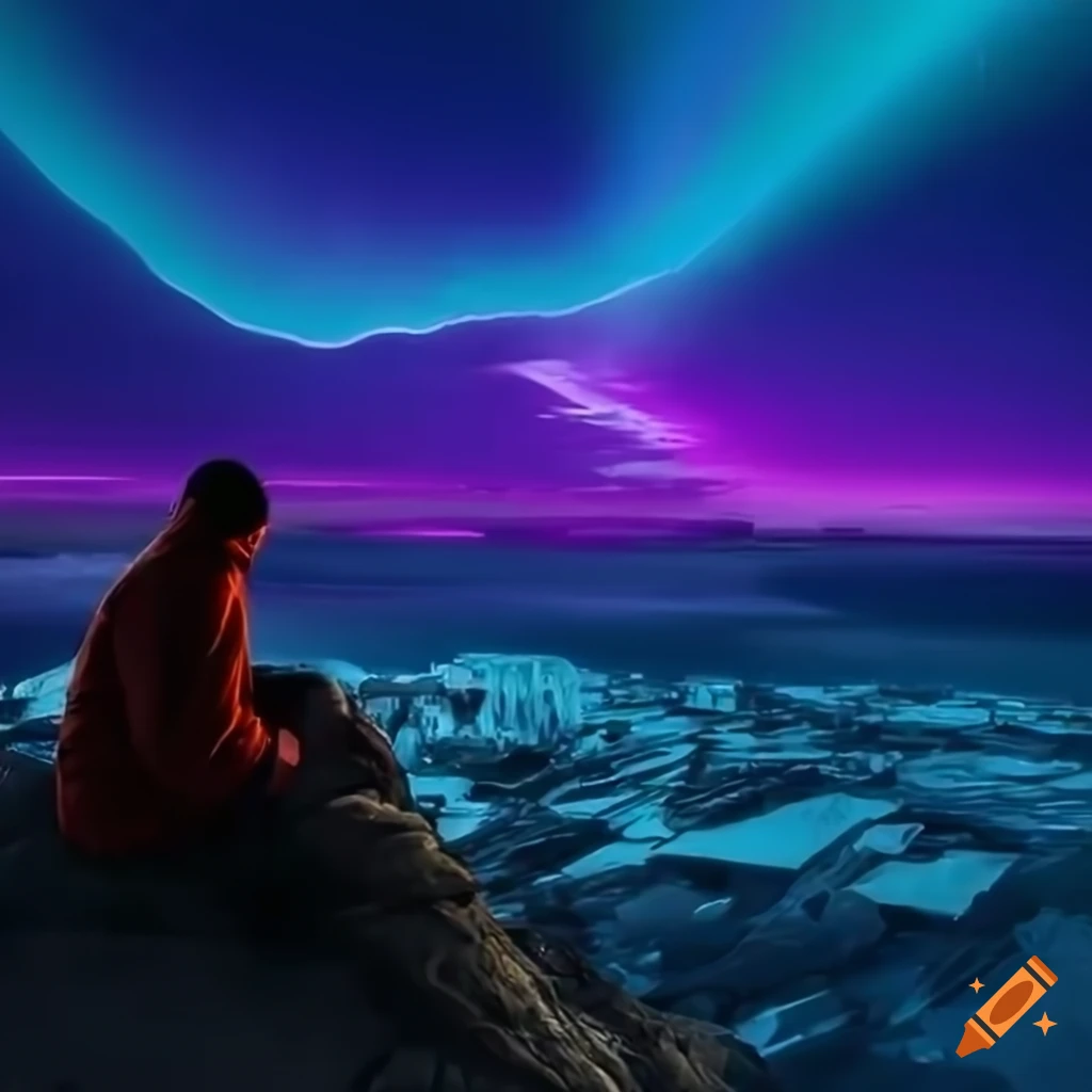 man overlooking futuristic purple cities from icy fjord cliffs