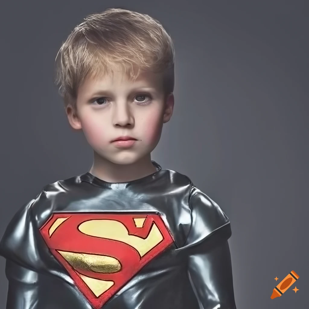 Photo realistic boy wearing a fully polished superman costume on Craiyon