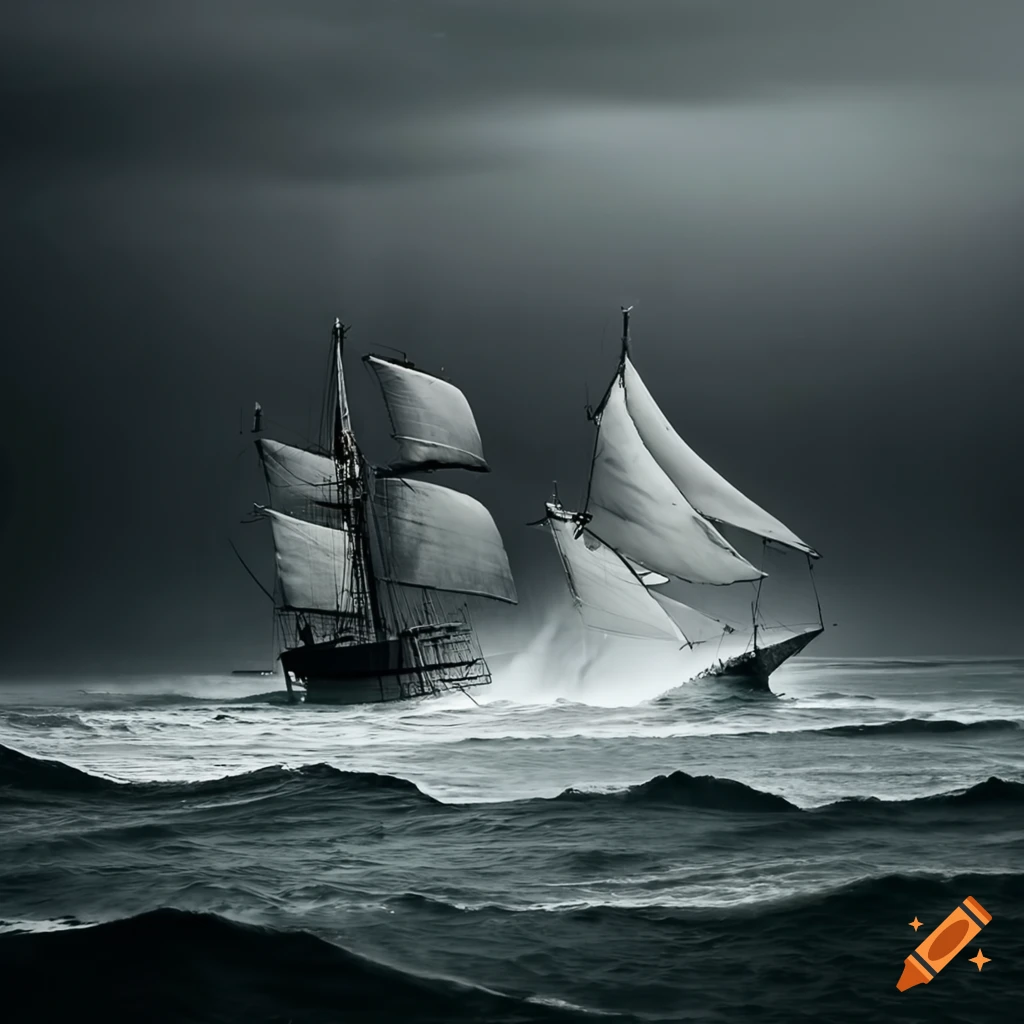 black and white photo of a sailing ship in a stormy ocean