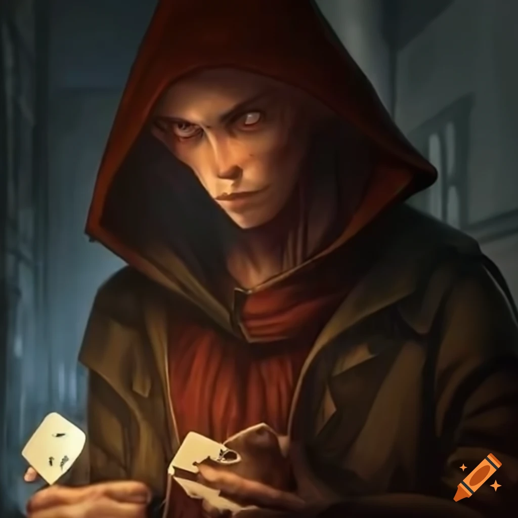 image of a mysterious bard with a deck of cards in a dark alley