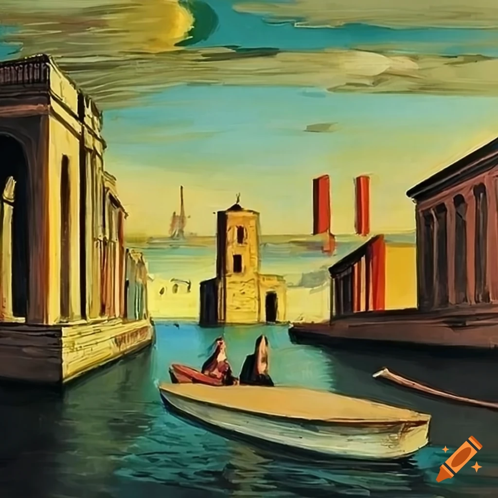 Painting of punting under a bridge by giorgio de chirico on Craiyon