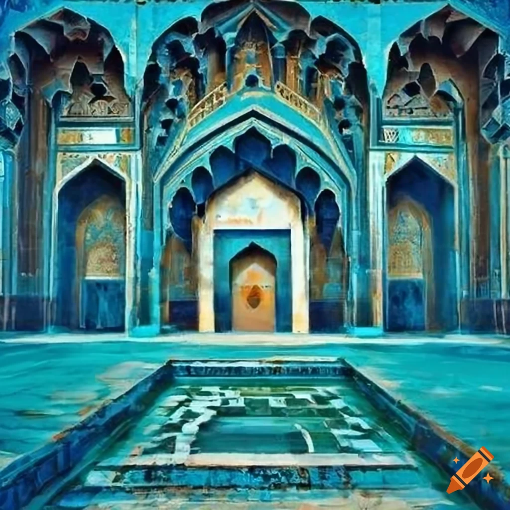 Abstract geometric architectural art with arches and turquoise details