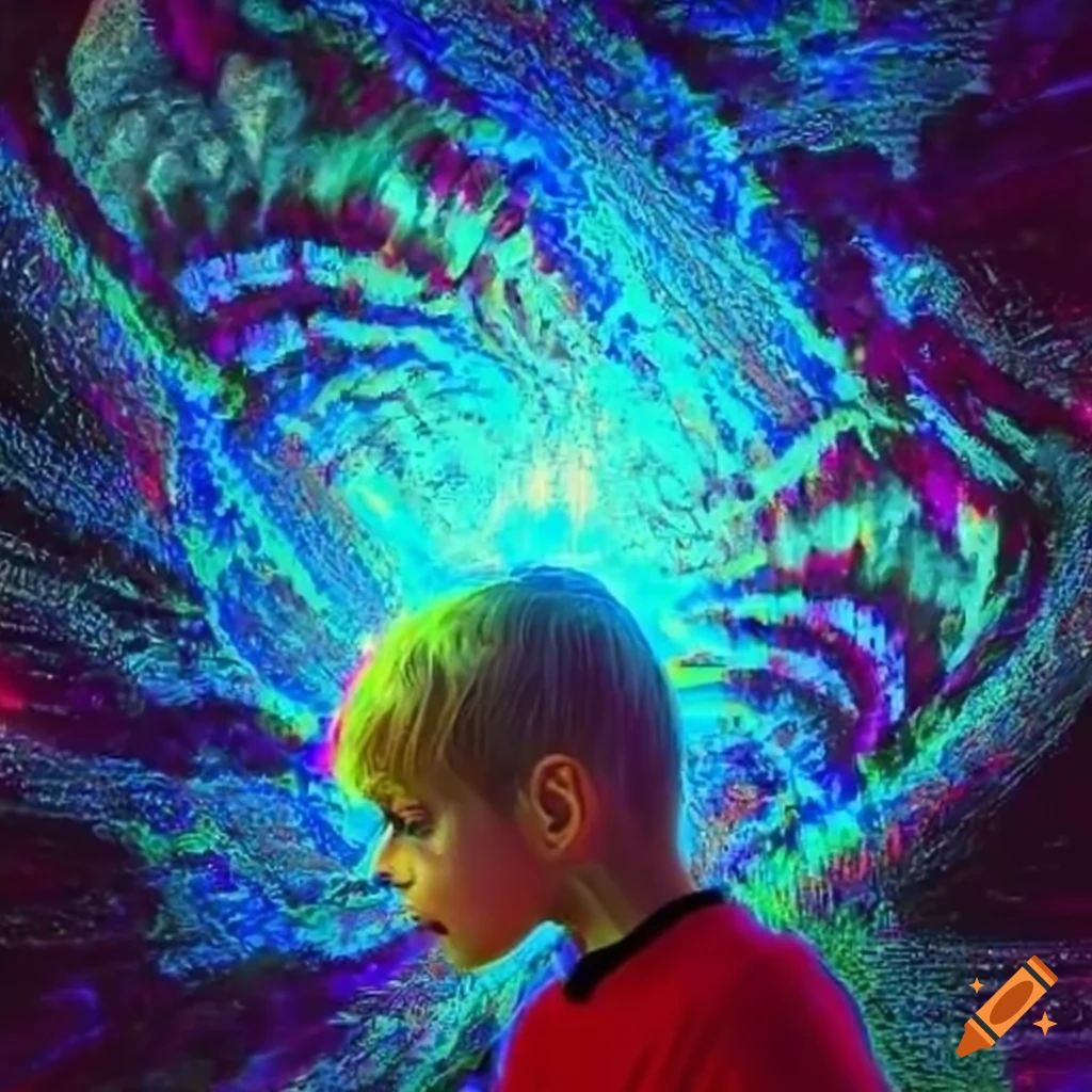 Abstract art with a blond boy looking at the sky
