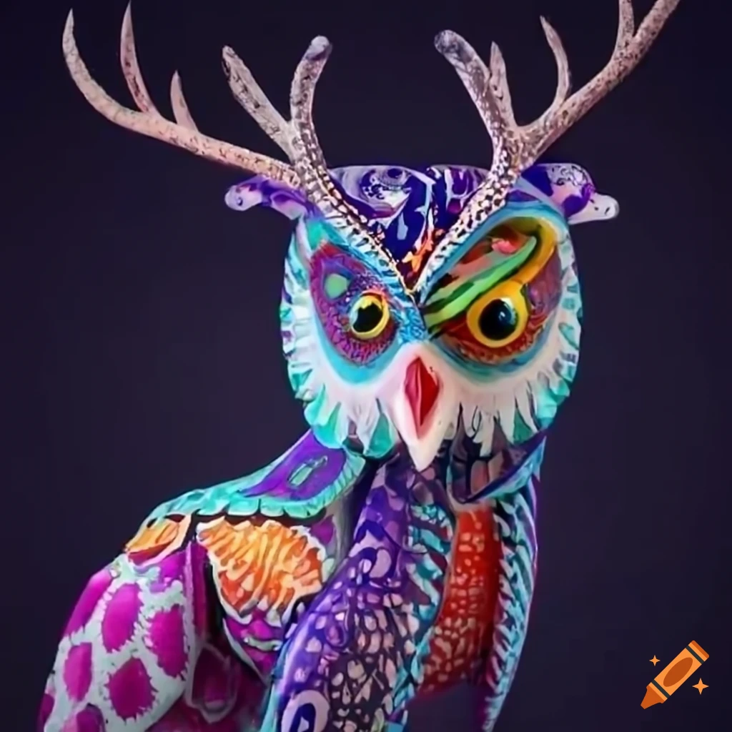 fantasy artwork of an alebrije with an owl head and antlers