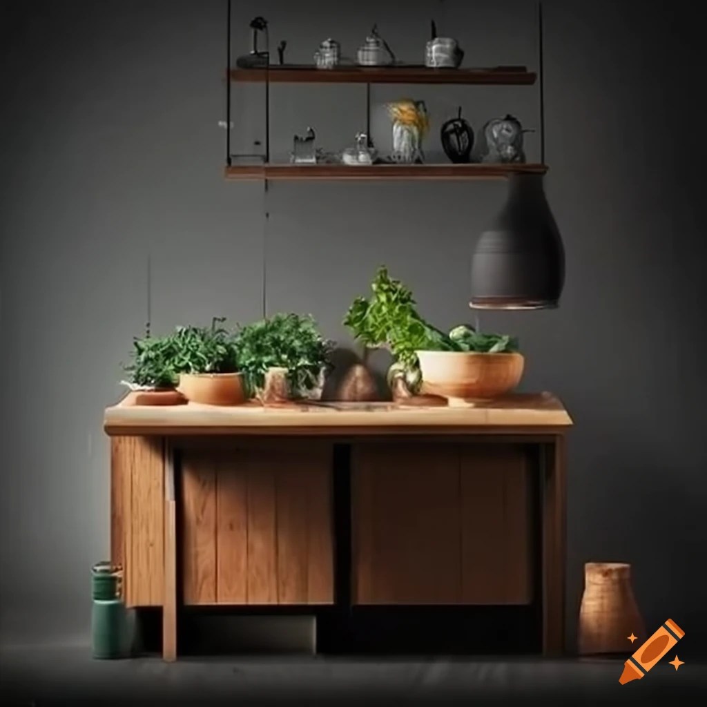 Scandinavian style kitchen island with composting and vegetable garden