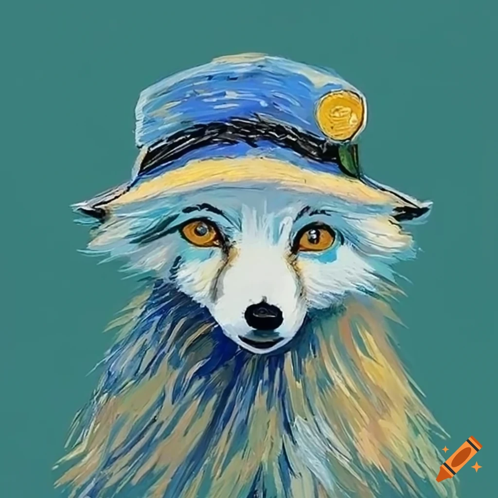 arctic fox with Van Gogh-inspired hat