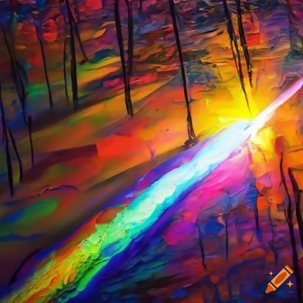 Knife palette painting of rainbow laser beam in autumn forest on Craiyon