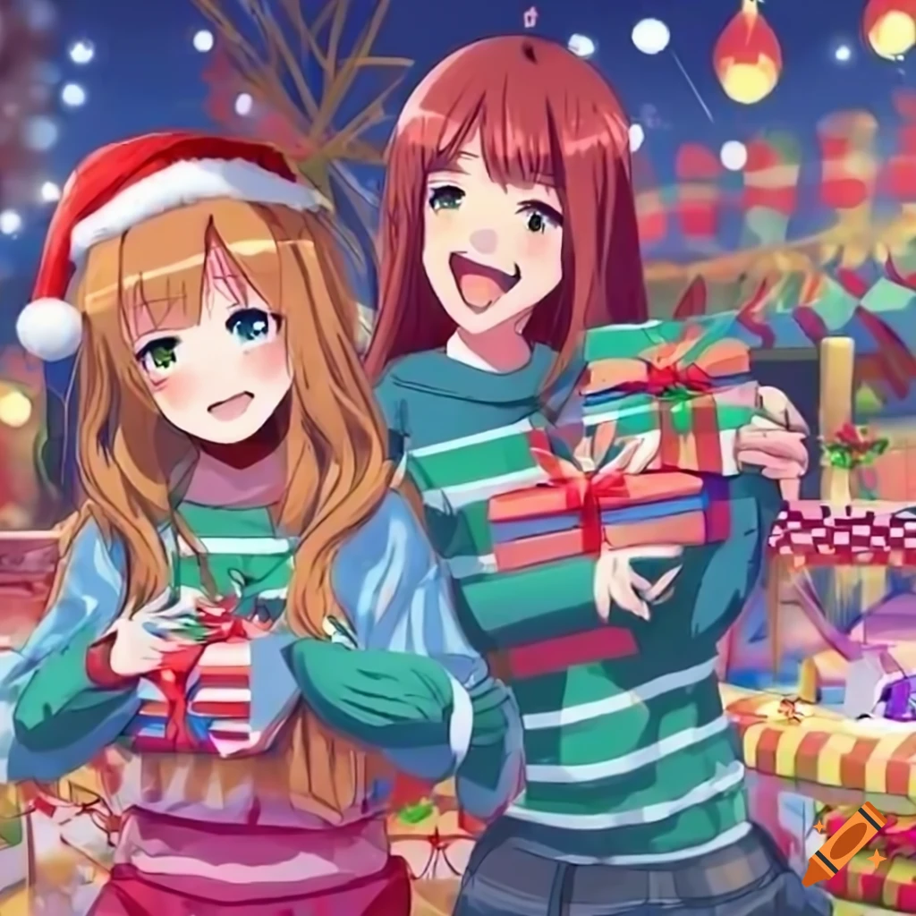 Anime girls distributing gifts at a christmas market on Craiyon