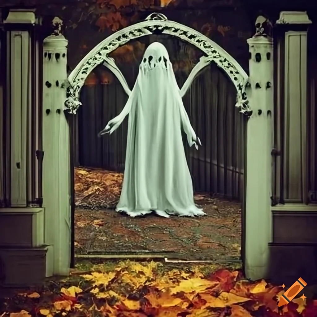 retro spooky haunted gates with ghost