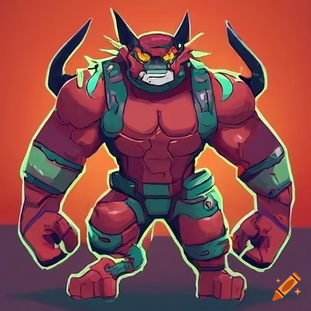 Fan art of Incineroar wearing Doom Slayer's helmet on Craiyon
