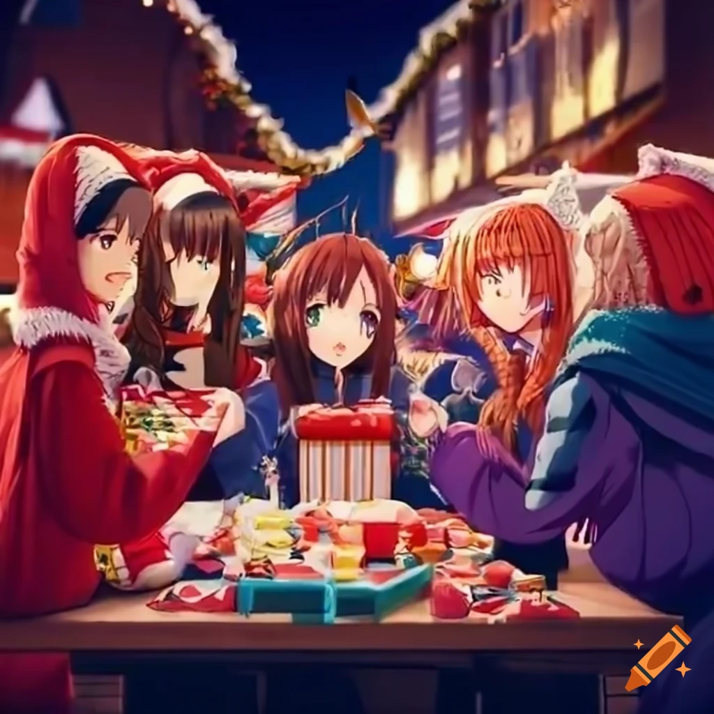 Anime girls distributing gifts at a christmas market on Craiyon