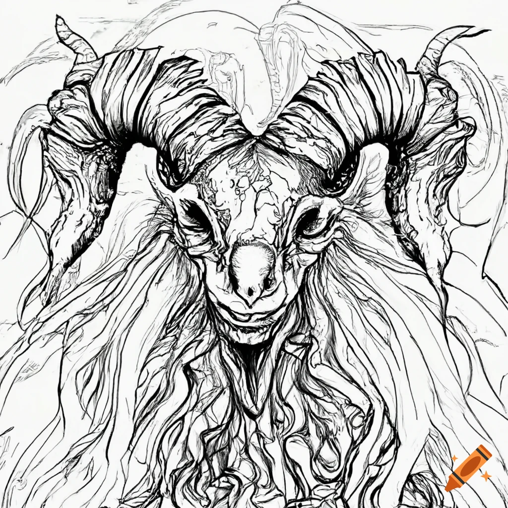 Line drawing of a creepy fourhorned goat