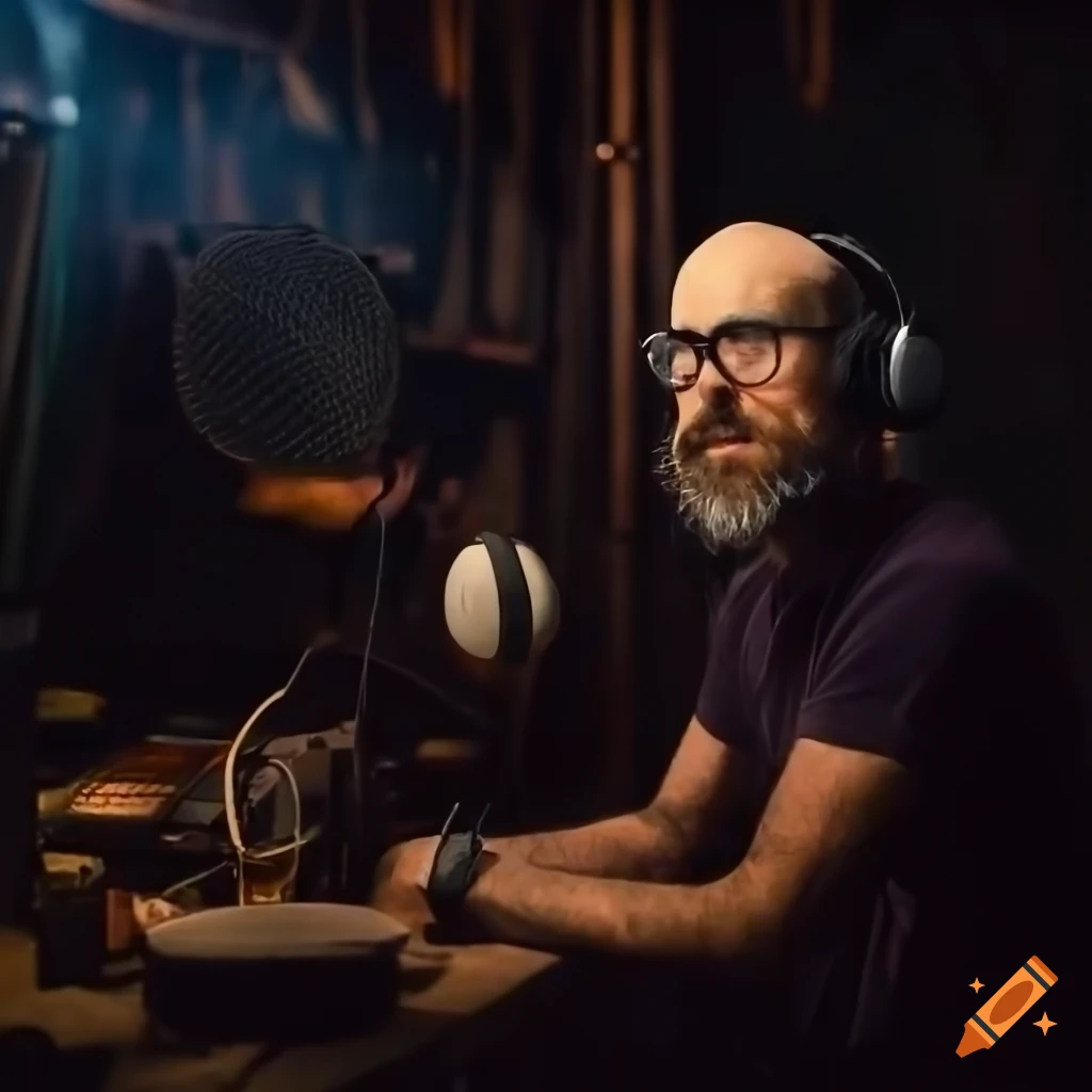 man in a dystopian ham radio station