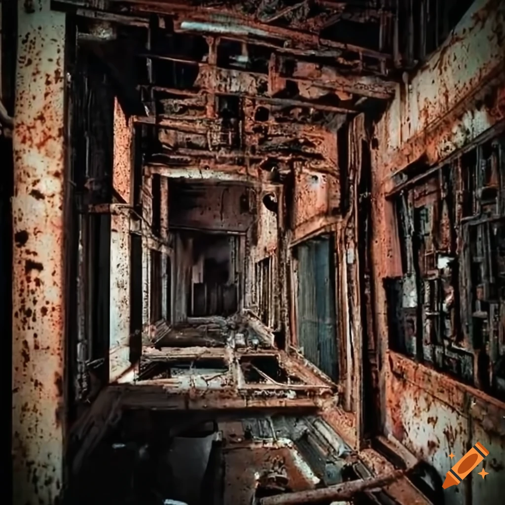 cyberpunk horror scene in a rusty warehouse