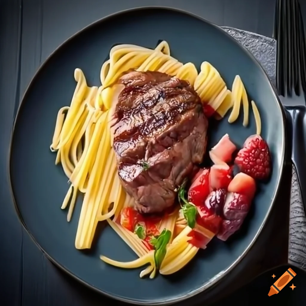 delicious steak with pasta and fruits