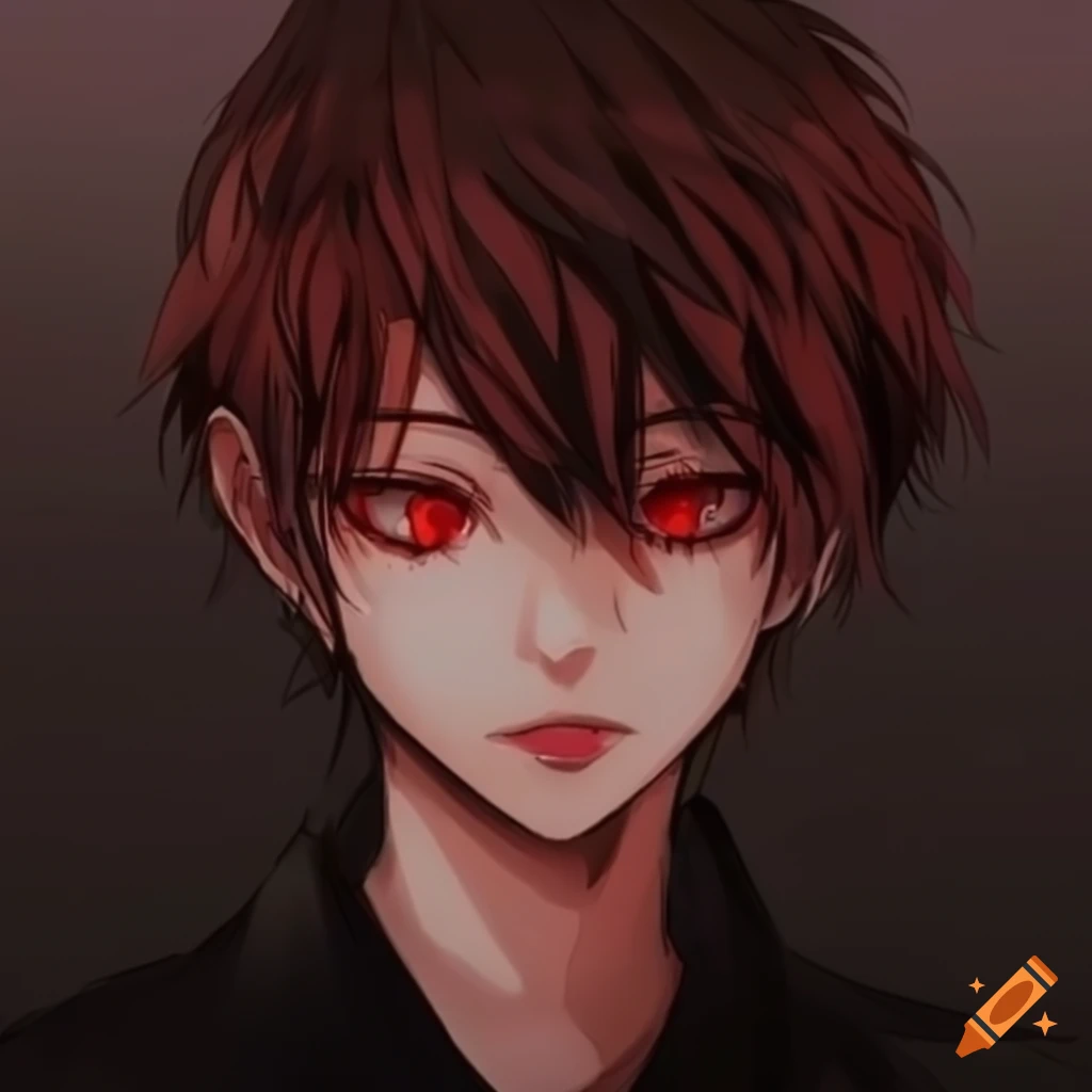 edgy anime boy with brown hair and red eyes