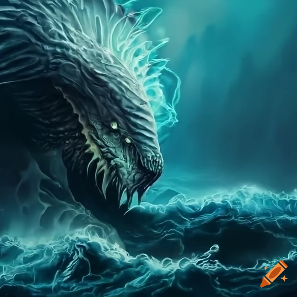 Illustration of a sea monster emerging from the stormy ocean on Craiyon