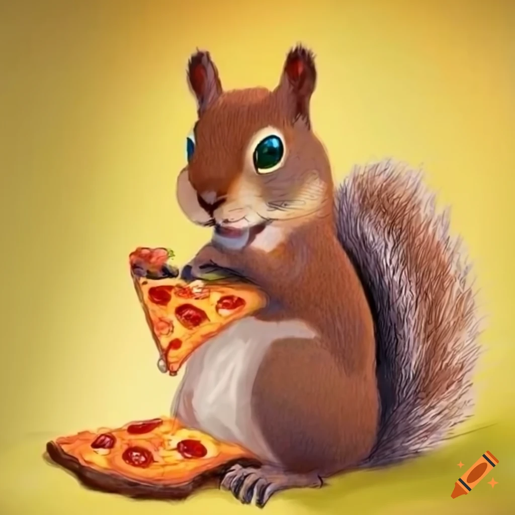 Squirrel eating pizza in a child's drawing