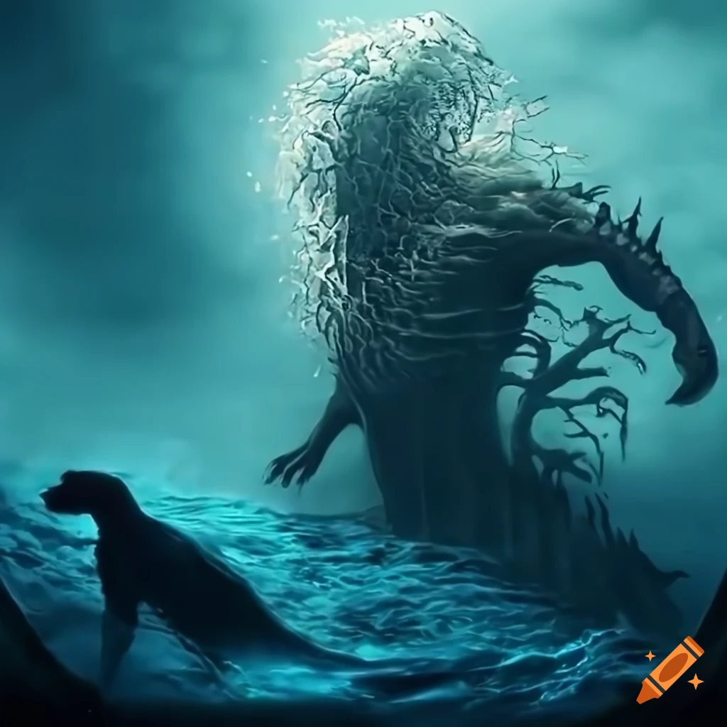 illustration of a sea monster emerging from the stormy ocean