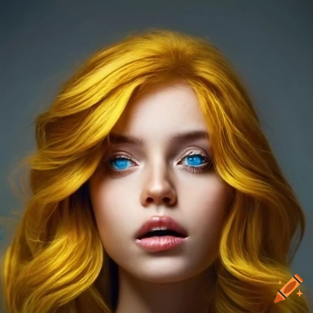 Portrait of a woman with blue eyes and yellow wavy hair on Craiyon