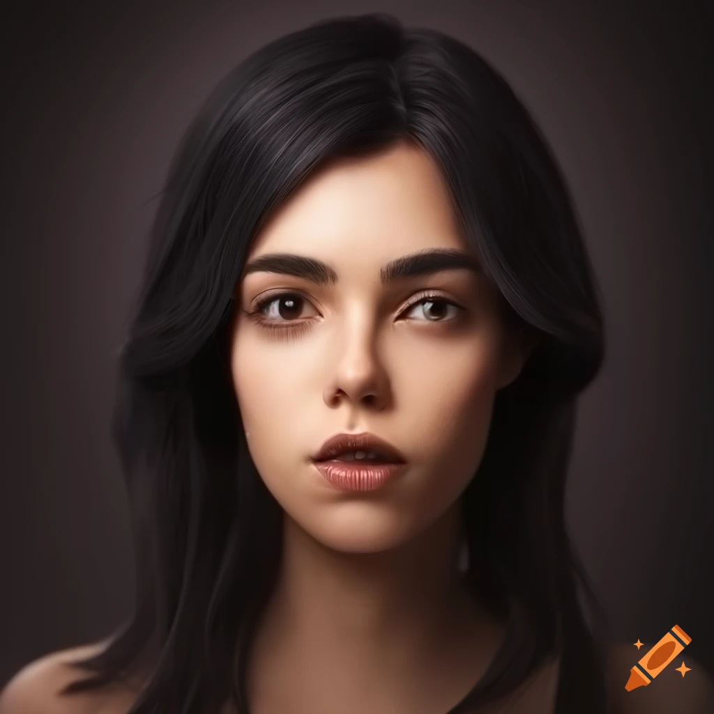 close-up portrait of a beautiful young woman with black hair and brown eyes