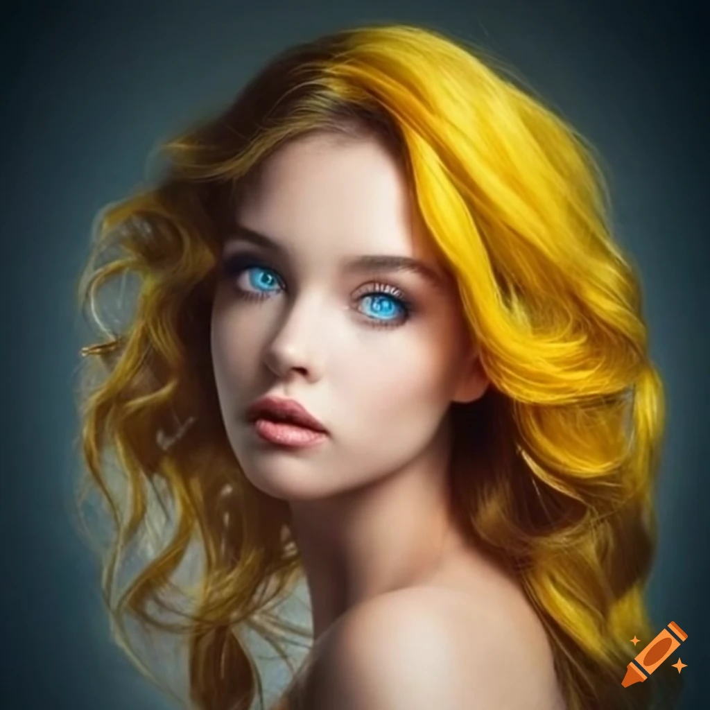 Portrait of a woman with blue eyes and yellow hair on Craiyon
