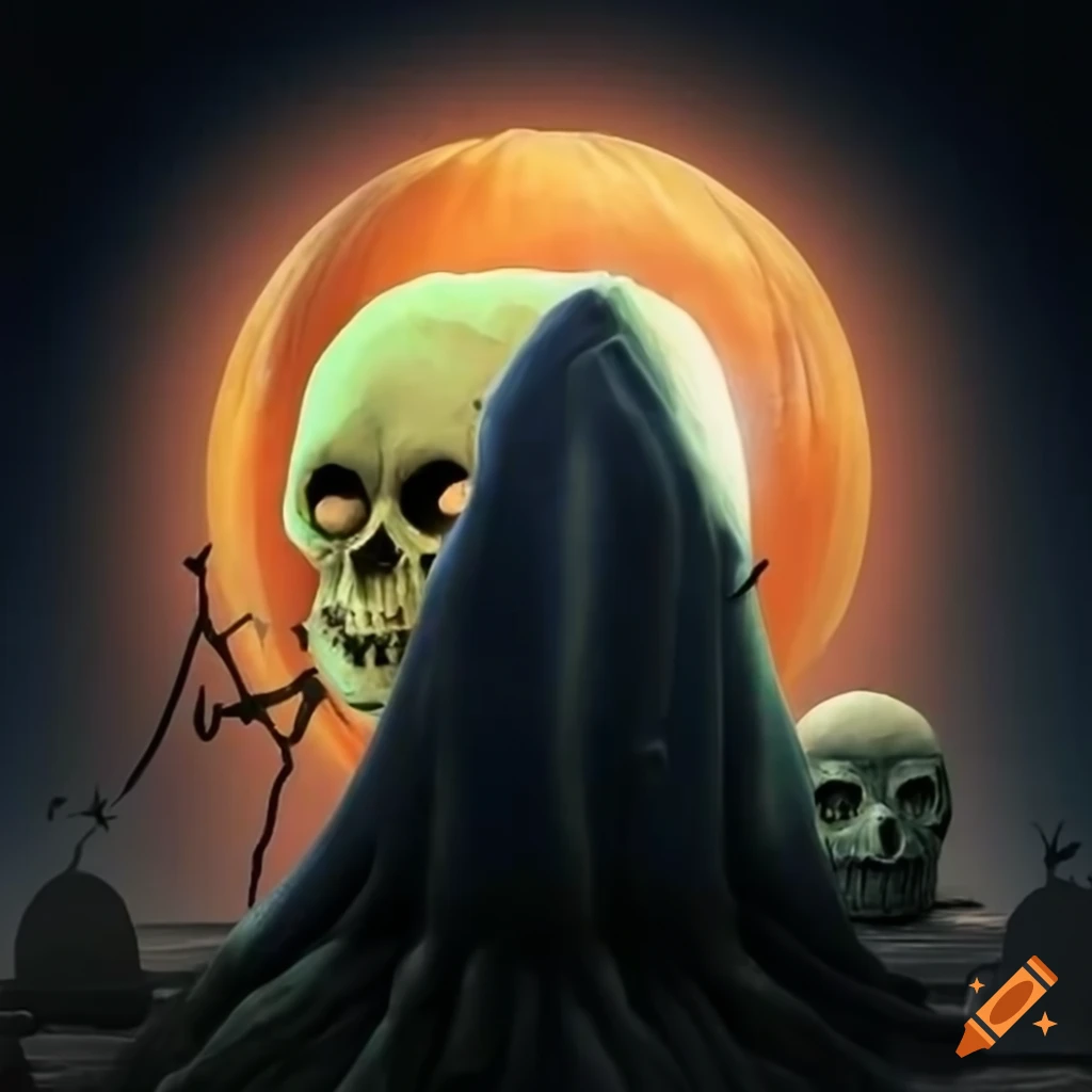spooky Halloween pumpkins on an alien cemetery landscape