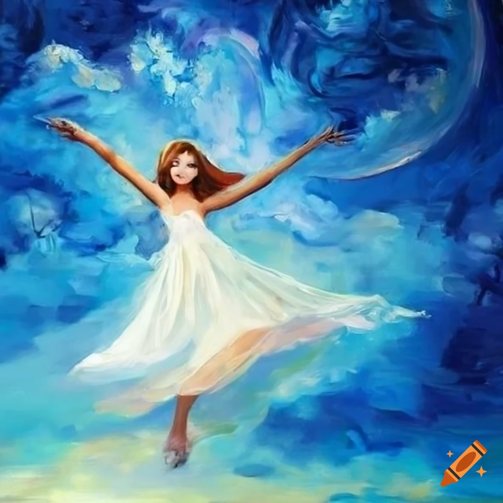 oil painting of a girl flying in the sky