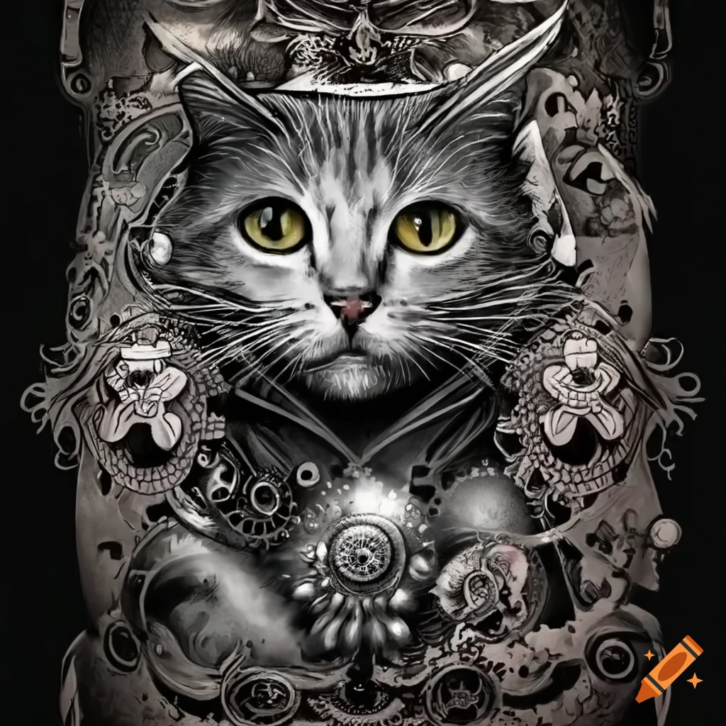 Black and white steampunk cat tattoo on black background on Craiyon