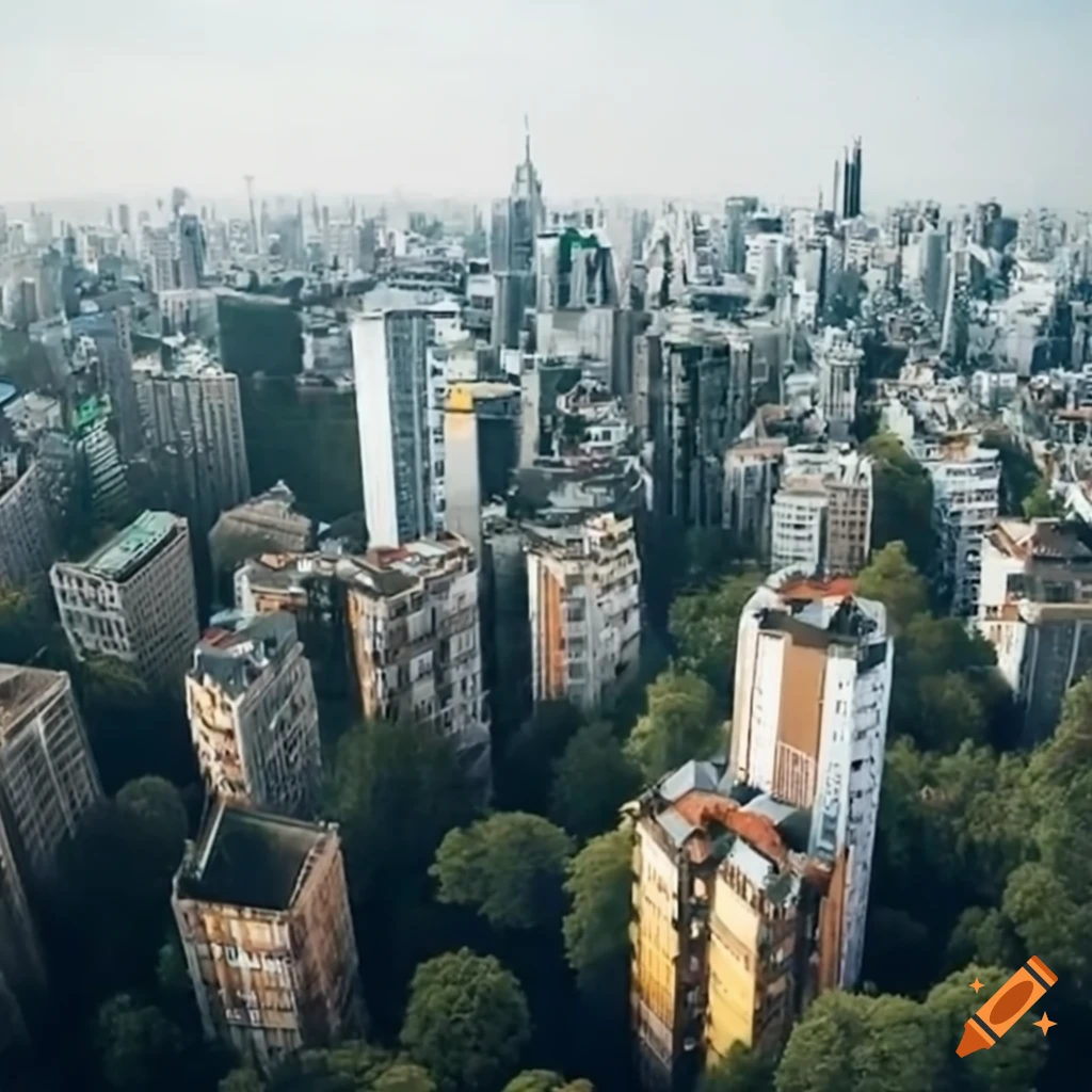 view from skyscraper of city with forest-filled streets
