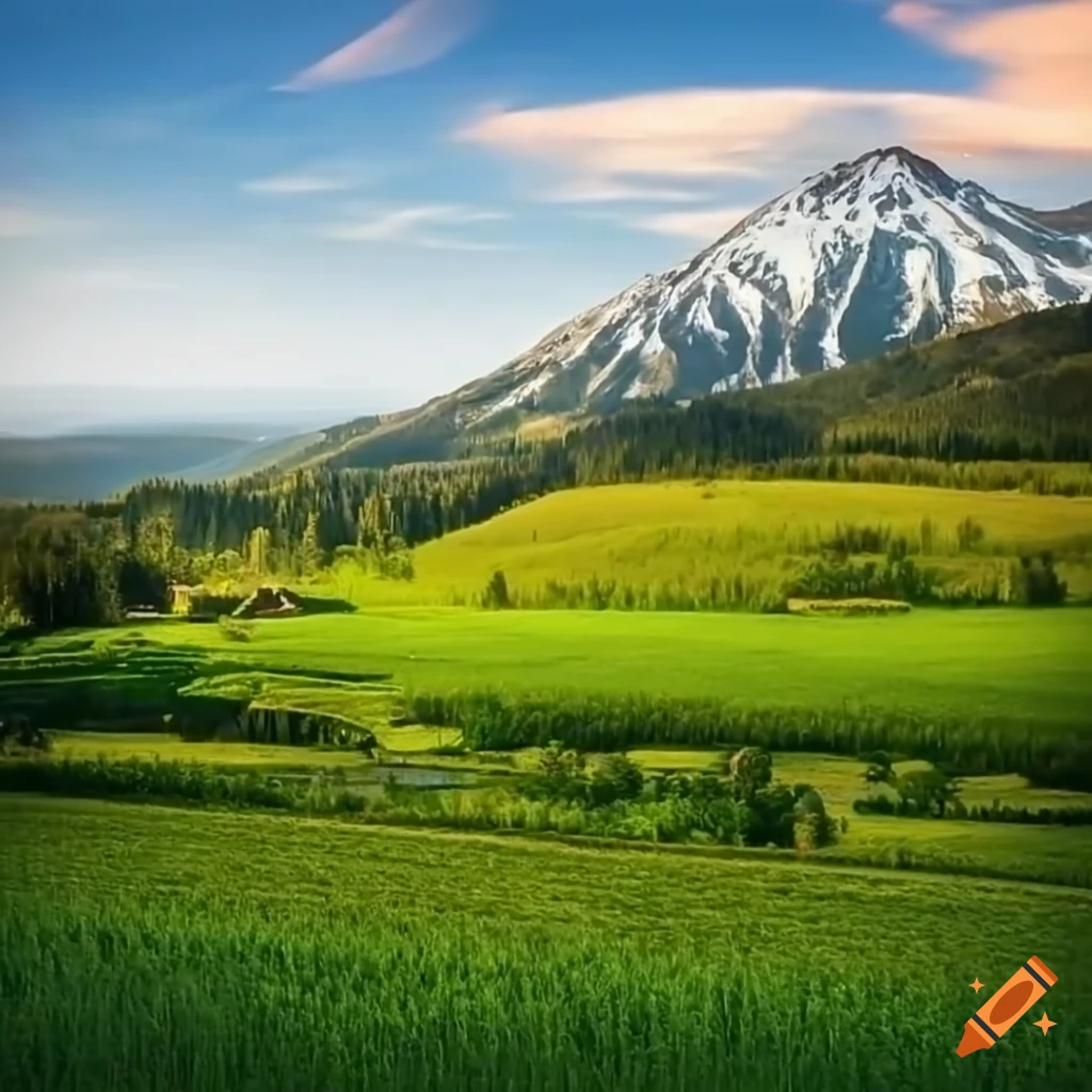 detailed realistic mountain landscape with a green farm and waterfall