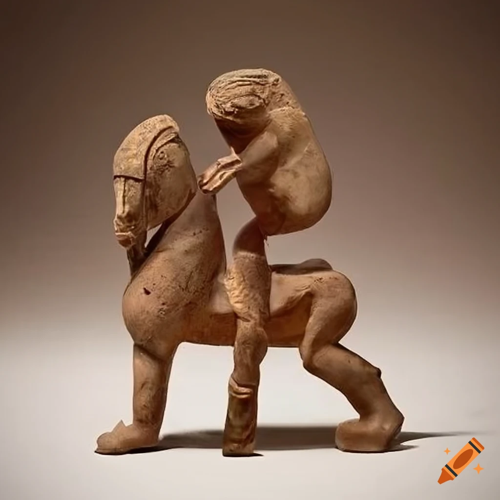 sepia equestrian warrior fighting archaeologically primitive figure