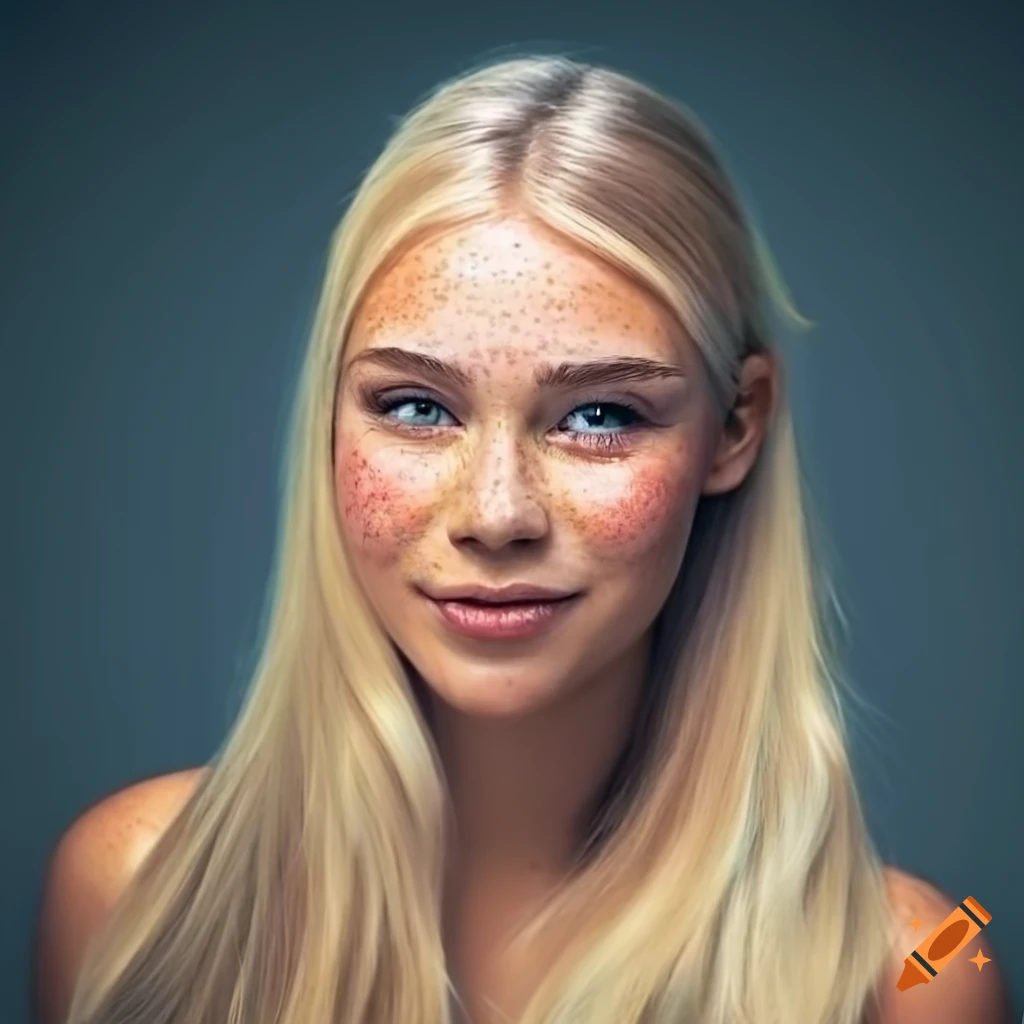 Portrait of a beautiful young woman with freckles and blonde hair on ...