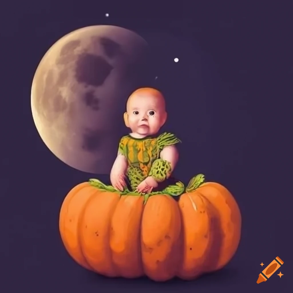baby in a pumpkin with moon in the background
