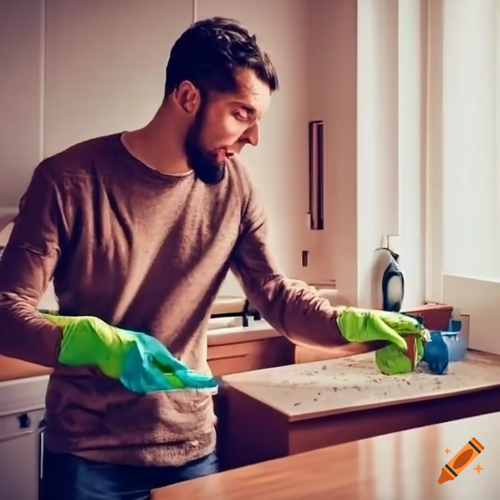 man cleaning the kitchen counters