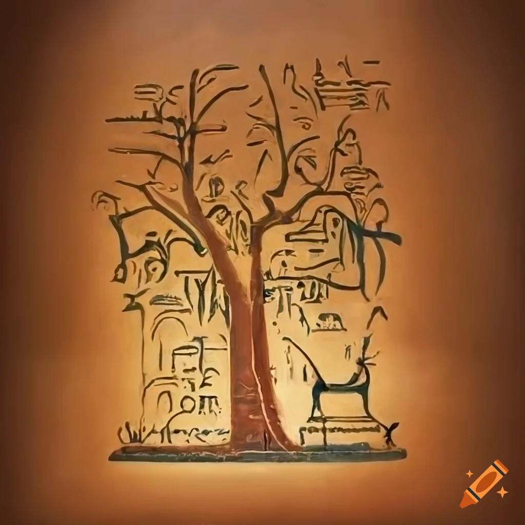 Egyptian hieroglyphic art of a tree in a courtyard on Craiyon