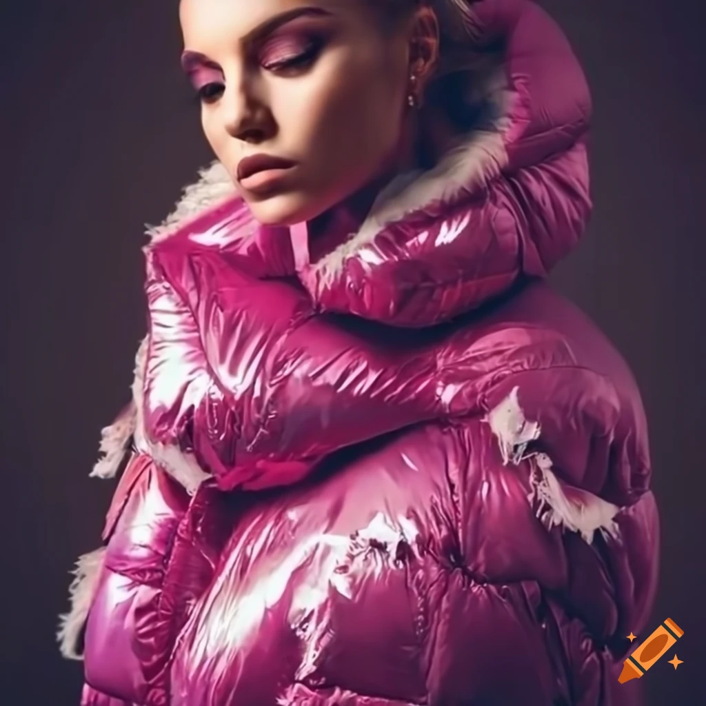 Fashion model in ripped puffer jacket on Craiyon