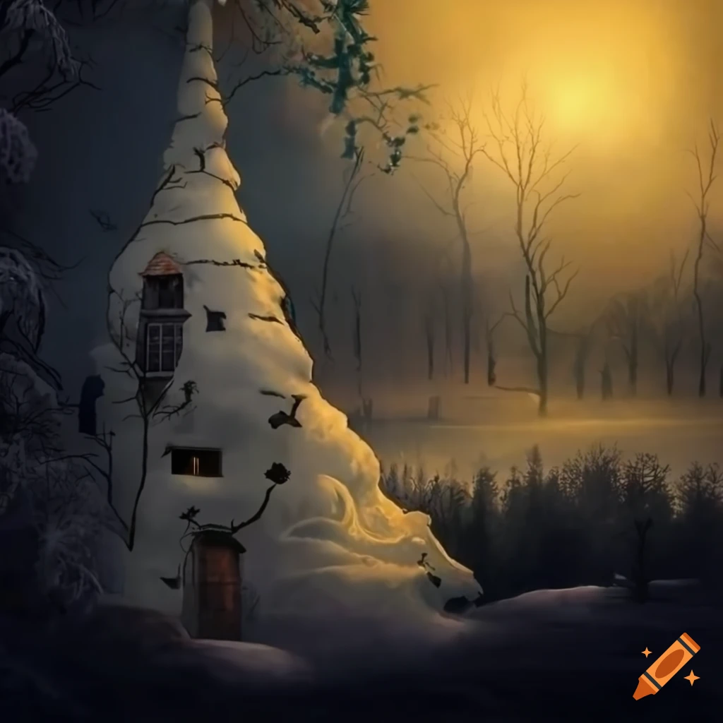 surrealistic snowy park with fantastical creatures