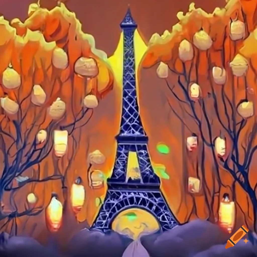 Eiffel tower in a snowy landscape with pumpkins on Craiyon