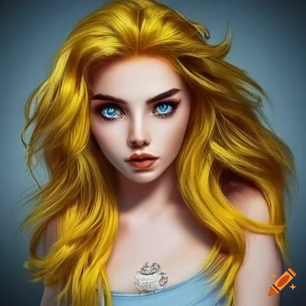 portrait of a woman with blue eyes and yellow wavy hair