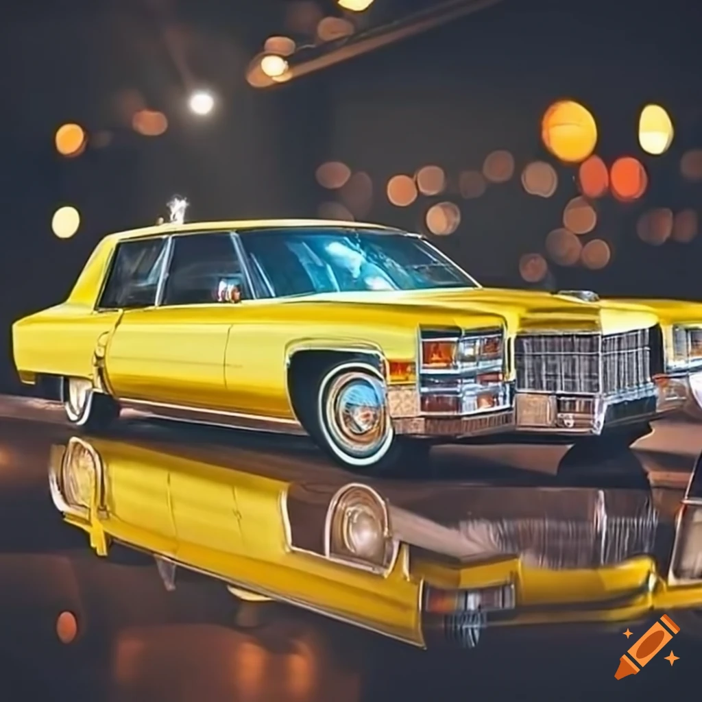 1970s yellow Cadillac Fleetwood Brougham at night