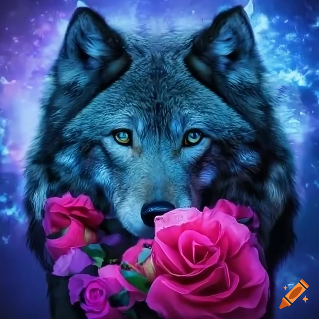 Ultrarealistic wolf holding a bouquet of roses